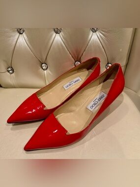 Jimmy Choo Red Patent Pointed-Toe Flats with Notch Detail